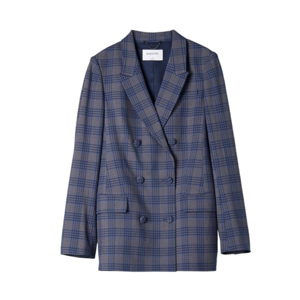 Aritzia Babaton Samuel blue gray double-breasted plaid blazer